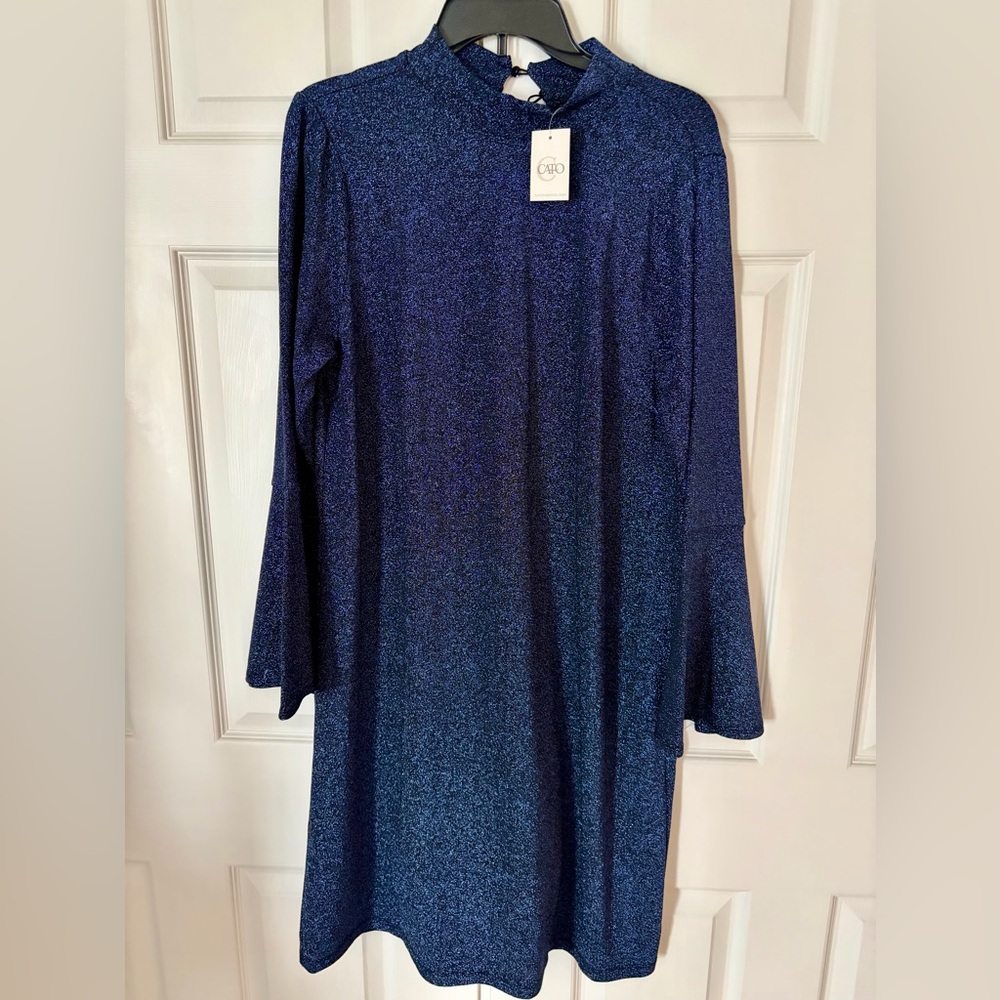 PLUS SIZE SHIMMERY BLUE LONG FLARE SLEEVE PARTY DRESS - Picture 4 of 7